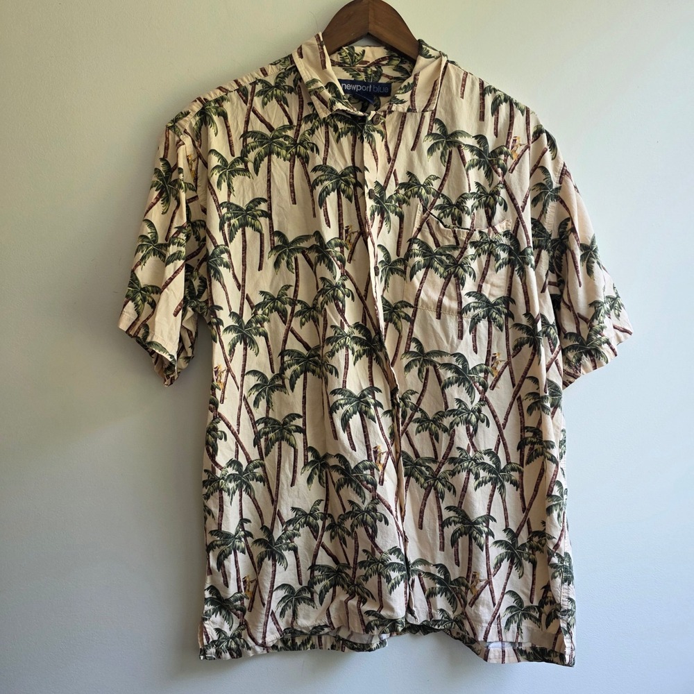 Newport Blue Mens Large Palm Tree Hula Girl Tropical Hawaiian Shirt Cotton Rayon